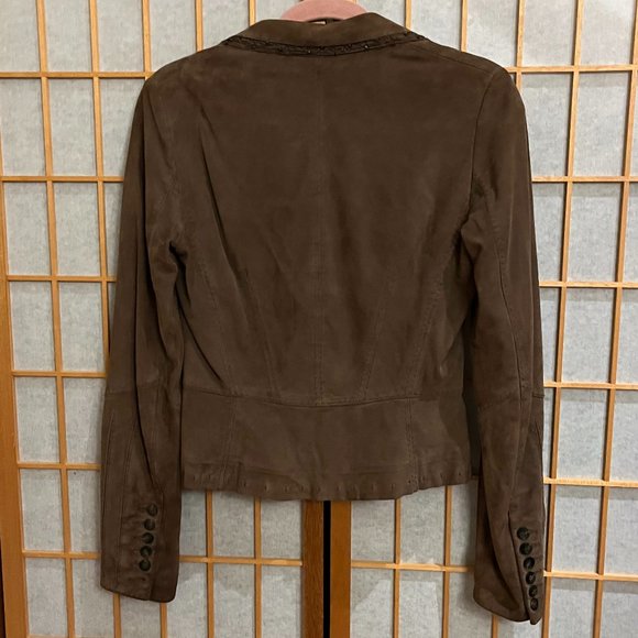 Light Brown Elie Tahari Womens Petite Small Sueded Leather Jacket with Bead Trim - Picture 3 of 7